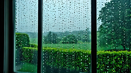 Naklejka premium rain drops on window, rainy day, AI generated