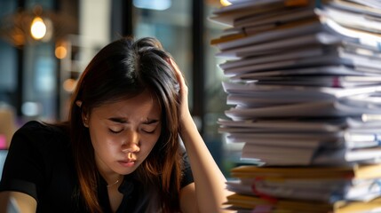 stressed, mad, migraine, Young confident Asian business woman office worker people working with stacks of papers, unfinished documents of bookkeeping - 754924958