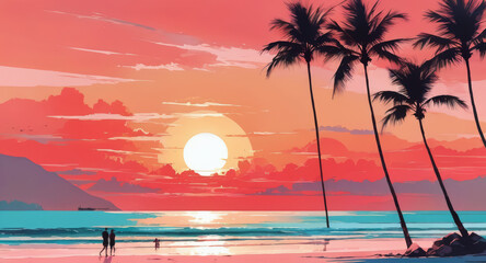 Sea sunset over ocean palms: Landscape with a colorful bright sunset. Illustration.