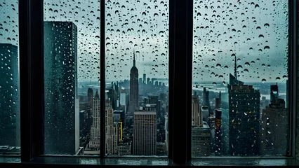 Fotobehang Rainy window, rainy day at the city, AI generated © Kim