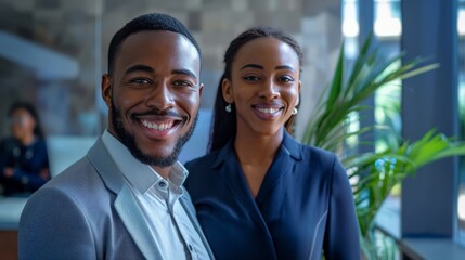Two happy entrepreneurs smiling at the camera cheerfully. Young businesspeople standing in a boardroom with their colleagues in the background. Diverse entrepreneurs working together as a team.