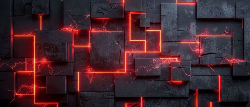 Black cubes on a black background, with red light, top view. Abstract background with cubes.