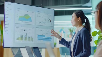 Young Asian businesswoman presenting data analysis dashboard on TV screen in modern meeting. Business presentation with group of business people in conference room. Concord - 754925976