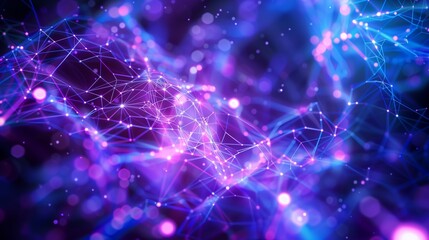Abstract background of purple and blue, glowing geometric shapes connected in the style of lines, neural network or artificial intelligence theme, complex pattern with interconnected dots and triangle
