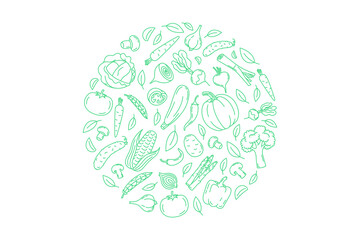 Round Frame background of organic farm fresh vegetables.  Hand drawn illustration for backgrounds, card, posters, banners. Vector icons.