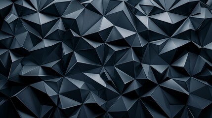 A dark abstract background with geometric shapes, rendered in the style of lowpoly. The surface is covered in triangular shapes that form complex patterns, creating shadows and highlights to give it a