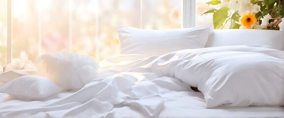 Fototapeta na wymiar White bedding sheets and pillow, Messy bed after good sleep concept, with beautiful sunshine and flowers