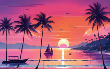 Fototapeta na wymiar Sea Pinc Sunset over Ocean Palms: Lovers Landscape. Illustration.