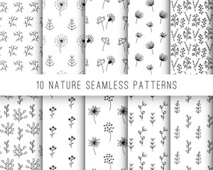 Floral elements seamless pattern set. 10 textured natural backgrounds. Flowers, berries and leaves repeat on white. Vector illustration.
