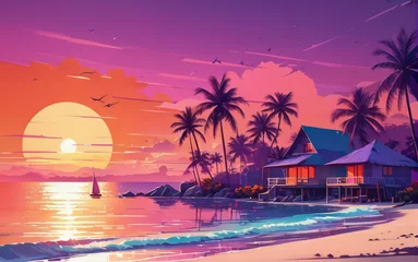 Foto op Canvas Sea Pinc Sunset over Ocean Palms: Lovers Landscape. Illustration. © Kenall