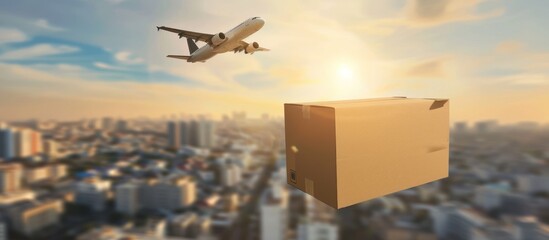 Flying cardboard box with sky and plane background