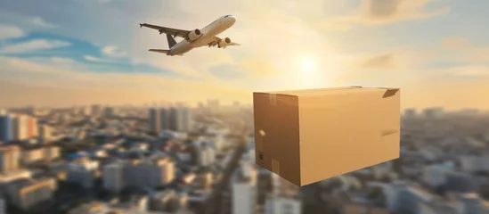 Fototapeten Flying cardboard box with sky and plane background © zaen_studio