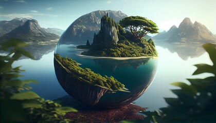 Hyper realistic round planet with lush greenery and mountains and ocean