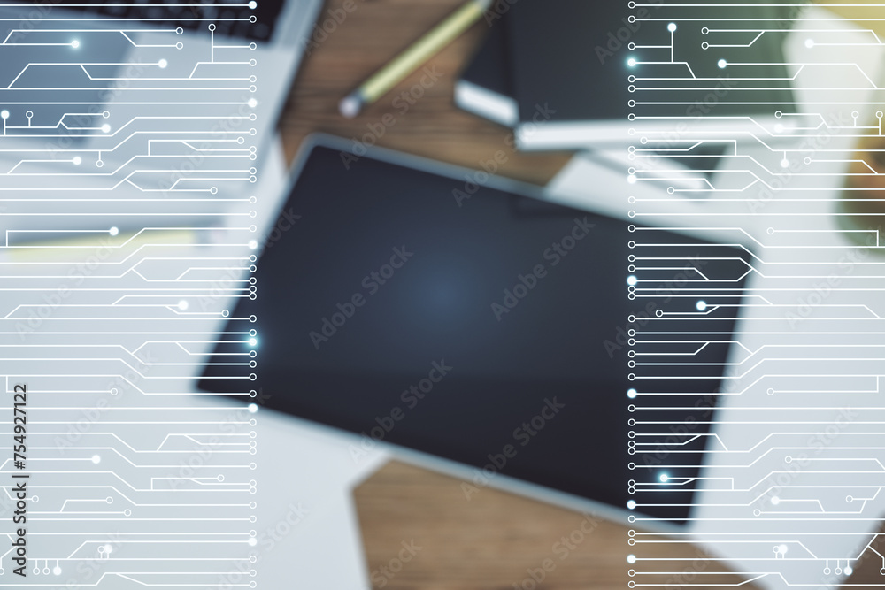 Leinwandbilder creative concept of microscheme illustration and modern digital tablet on background, top view. big 