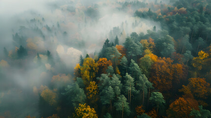 Naklejka na ściany i meble Foggy forest, autumn vibes, nature background, rain and clouds