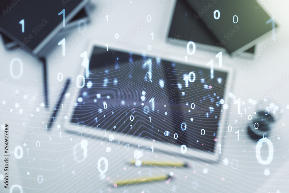 Leinwandbilder creative concept of binary code illustration and modern digital tablet on background, top view. big 