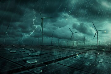 Wind turbines under a stormy sky with lightning and rain - obrazy, fototapety, plakaty