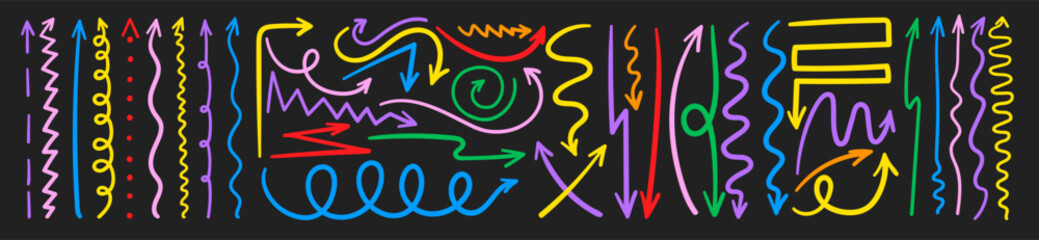 Set of colored long doodle arrows in sketch style. Arrows of various shapes and lengths are straight and rounded. Vector illustration on a black background.