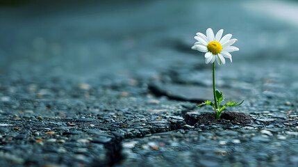 A single daisy grows from a crack in the asphalt.