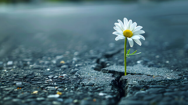 A single daisy grows from a crack in the asphalt.