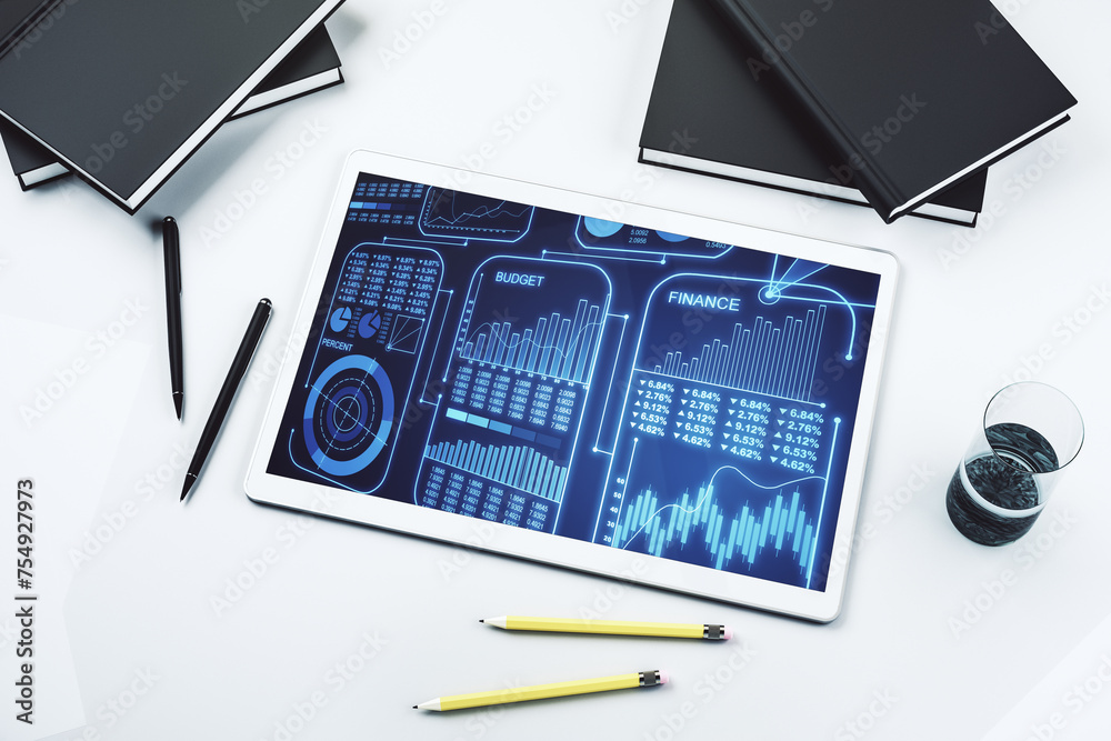 Fototapete Stats data illustration on modern digital tablet monitor, computing and analytics concept. Top view. 3D Rendering