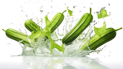 Okra sliced pieces flying in the air with water splash isolated on transparent png.
