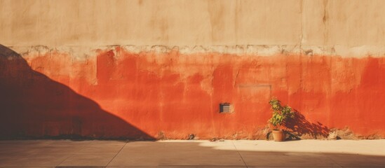 A rectangular window on a red brick wall with a shadow of an orange tree. The art of tints and shades creates a beautiful landscape with green grass - Powered by Adobe