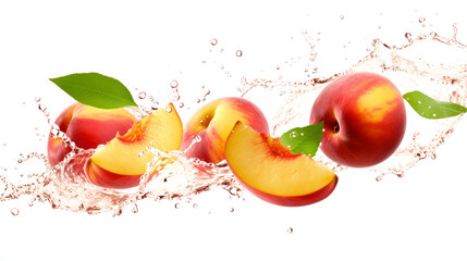 Nectarine sliced pieces flying in the air with water splash isolated on transparent png.
