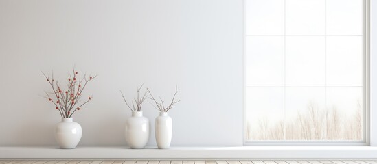 Three white vases are placed neatly on a wooden shelf in a minimalist room. The vases stand in front of a large window, allowing natural light to illuminate the space.