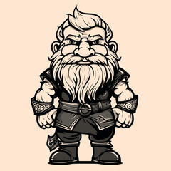 Black and White Dwarf (gnome) Character Outline Silhouette Ornament Vector Art for Logo and Icon, Sketch, Tattoo, Clip Art