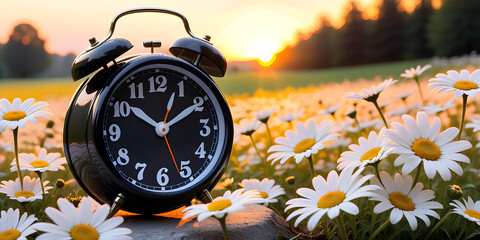 A classic black alarm clock stands among daisies with the golden sunrise illuminating the scene, symbolizing time in nature..
