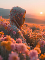 The long years, the stone statues that stand watch among the flowers - obrazy, fototapety, plakaty