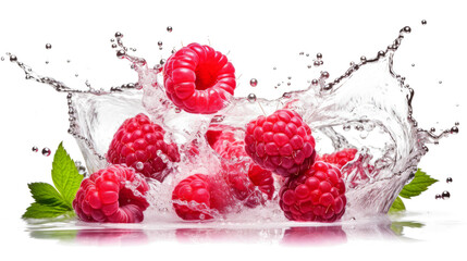 Loganberry sliced pieces flying in the air with water splash isolated on transparent png.
