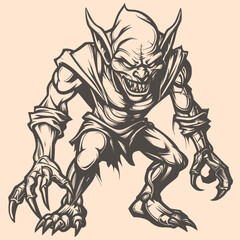 Black and White Goblin Character Outline Silhouette Ornament Vector Art for Logo and Icon, Sketch, Tattoo, Clip Art