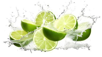 Lime sliced pieces flying in the air with water splash isolated on transparent png.
