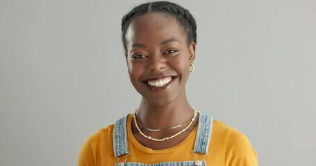 Face, smile and proud with black woman in studio on white background for cheerful satisfaction. Portrait, confident and carefree with happy young african model feeling joyful and positive closeup - Powered by Adobe
