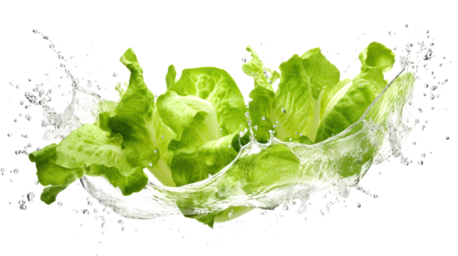 Lettuce sliced pieces flying in the air with water splash isolated on transparent png.
