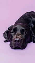 Fototapeta premium Labrador Retriever lying down looking relaxed on a soothing lavender background with generous copy space