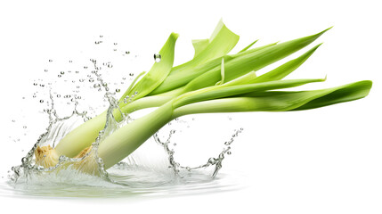 Leek sliced pieces flying in the air with water splash isolated on transparent png.
