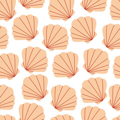 Fototapeta na wymiar Seashells seamless pattern. Trendy background of seashells for wrapping paper, web, textile. Marine decoration. Flat style