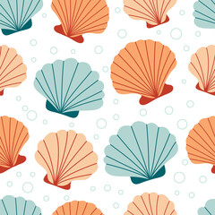 Seashells seamless pattern. Trendy background of seashells for wrapping paper, web, textile. Marine decoration. Flat style