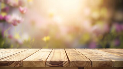 empty wooden table with spring blurred background