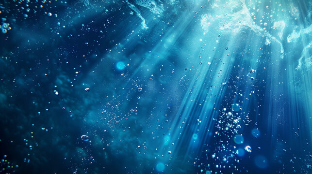 underwater scene with various shades of blue, suggesting the depths of the ocean. Sunlight is filtering through from above, creating a radiant effect as it illuminates bubbles suspended in the water