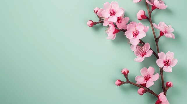 pink cherry blossom on green background 