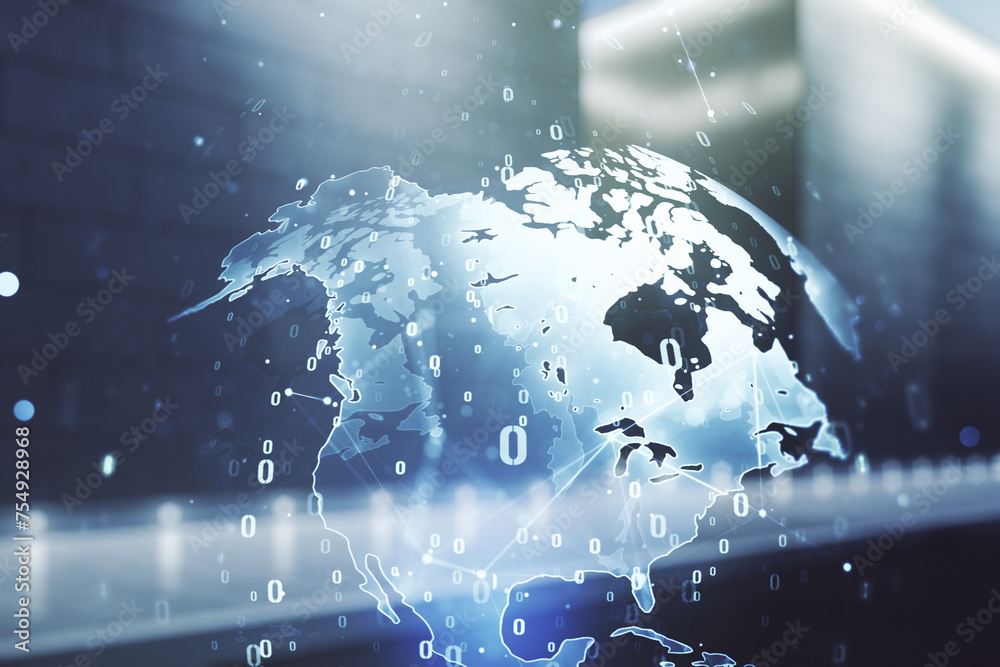 Aufkleber double exposure of abstract programming language hologram and world map on modern business center ex