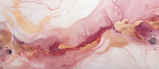 A close up of a magenta and peach marble painting with hints of gold on a white background, resembling a fashionable accessory or a culinary dish