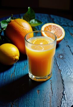 a glass of refreshing orange juice surrounded by fresh citrus fruits