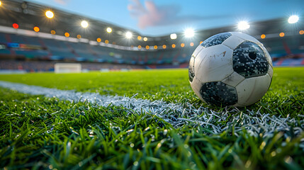A soccer ball sits on the grass of a field.  The background shows a large stadium with lights.