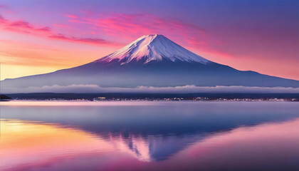 Beautiful sunrise landscape of Mountain Fuji at lake Kawaguchiko