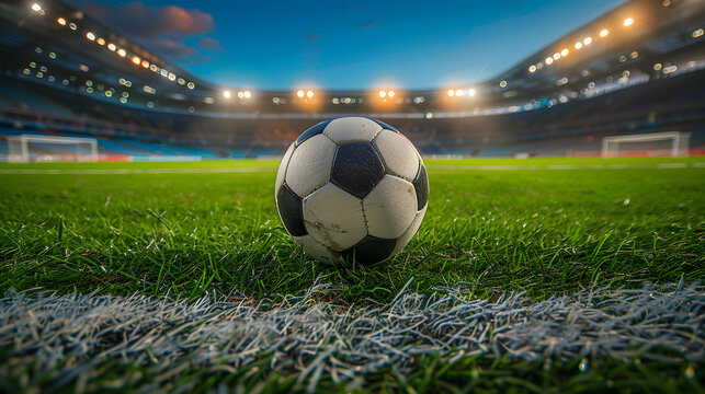 A soccer ball sits on the grass of a field.  The background shows a large stadium with lights.
